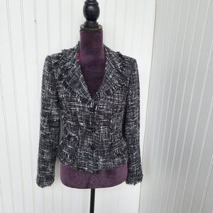 JS Collections Woven Plaid Tweed Jacket Black White Frayed Fringe Trim Sz 8
